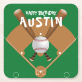 グリーンベースボールフィールドハッピーバースデー スクエアペーパーコースター (正面)