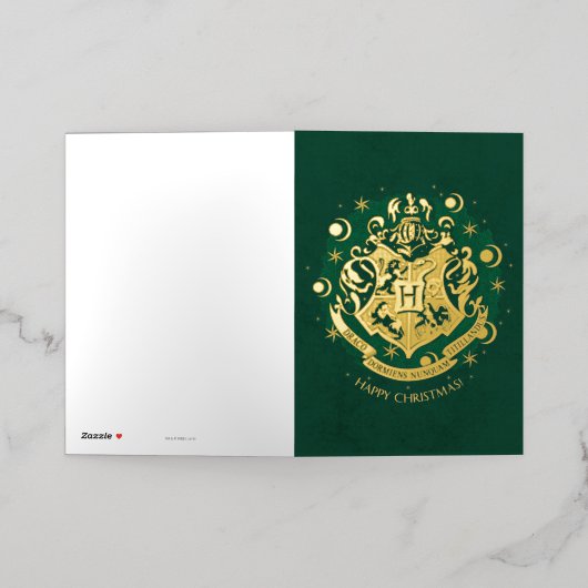 グリーンホグワーツ™クレストホリデイリース 箔グリーティングカード (外側レイダウン)