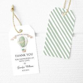 グリーンホットエアバルーンアドベンチャーが赤ちゃんのシャワーを待つ ギフトタグ