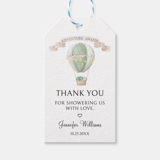グリーンホットエアバルーンアドベンチャーが赤ちゃんのシャワーを待つ ギフトタグ (正面)