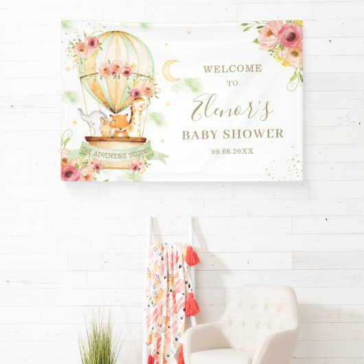 グリーンホットエアバルーン動物の赤ちゃんシャワー背景 横断幕 (インサイチュ)