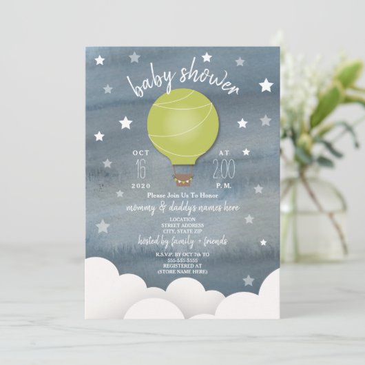 グリーンホットエアバルーン+スターズニュートラルベビーシャワー 招待状 (スタンド正面)