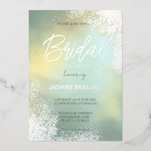 グリーンホブルコズミックウォッシュブライダルシャワースパークル 箔招待状 (正面)