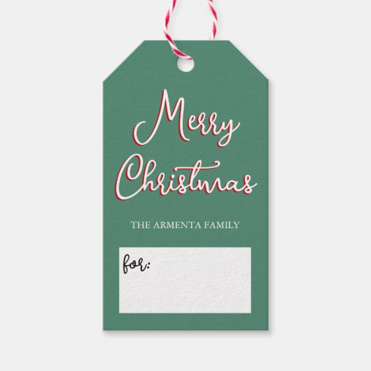 グリーンホリすてきーのクリスマス写真と家族の名前 ギフトタグ (正面)