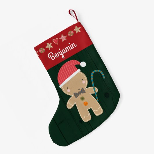 グリーンホリデージンジャーブレッドボーイ素朴名かわいい スモールクリスマスストッキング (裏面 (吊り時))