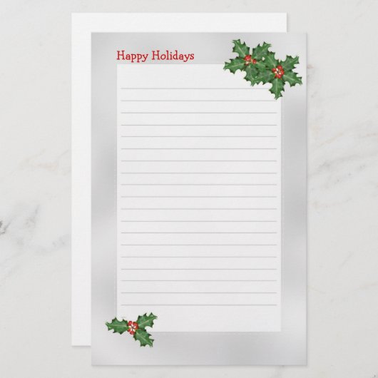 グリーンホリーが並んだホリデーテーマの筆記用紙 便箋 (正面/裏面)