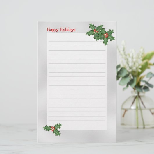 グリーンホリーが並んだホリデーテーマの筆記用紙 便箋 (スタンド正面)