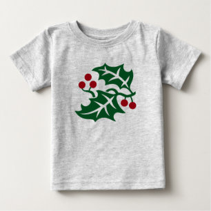 グリーンホリーとレッドベリーのクリスマスホリデー ベビーTシャツ