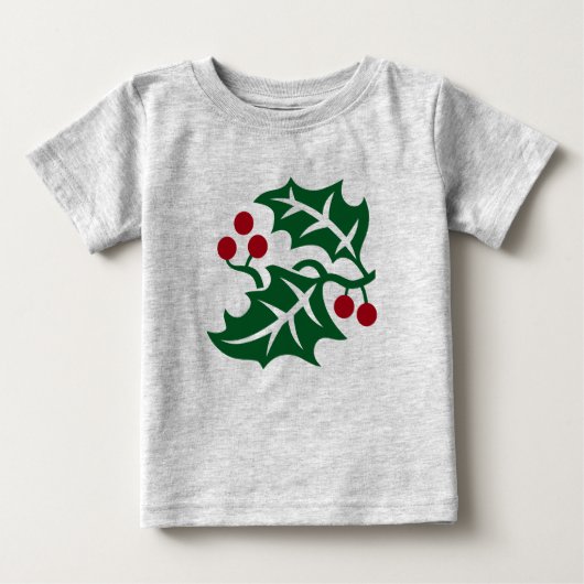 グリーンホリーとレッドベリーのクリスマスホリデー ベビーTシャツ (正面)