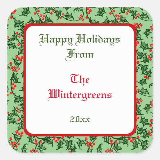 グリーンホリーと赤い果実の編集可能ギフトタック スクエアシール (正面)