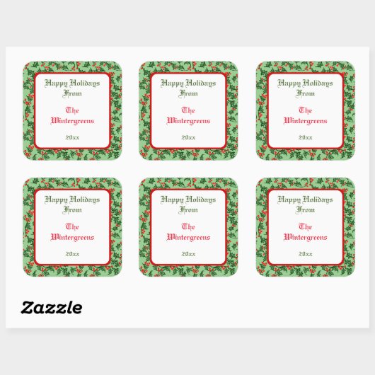 グリーンホリーと赤い果実の編集可能ギフトタック スクエアシール (シート)