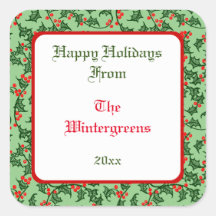 グリーンホリーと赤い果実の編集可能ギフトタック