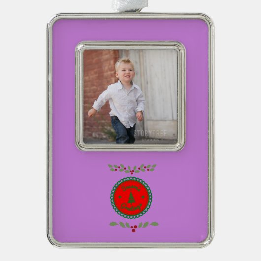 グリーンホリーのホリデーグリーティング 1 枚の写真 シルバープレートフレームオーナメント (正面)