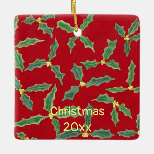 グリーンホリーイエローフラワーズクリスマスイヤーオーナメント セラミックオーナメント (正面)