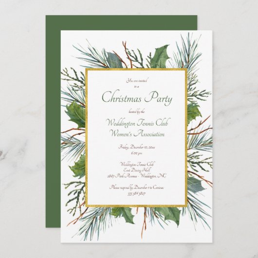 グリーンホリークリスマスホリデーパーティー招待状 招待状 (正面/裏面)