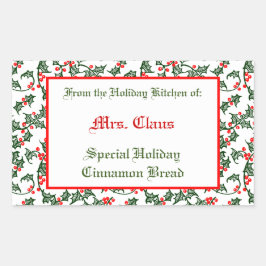 グリーンホリーレッドベリー編集可能ベーキングステッカー 長方形シール