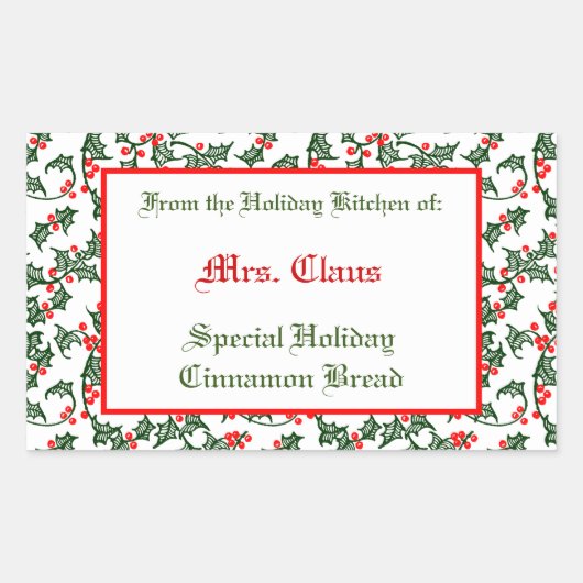グリーンホリーレッドベリー編集可能ベーキングステッカー 長方形シール (正面)