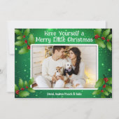 グリーンホリー写真メリーリトルクリスマスカード 招待状 (正面)