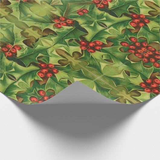 グリーンホリー葉ズレッドベリーヴィンテージクリスマス ラッピングペーパー (角)