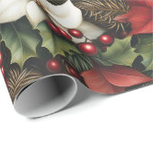 グリーンホリー離れズレッドポインセチア花クリスマス ラッピングペーパー (ロールコーナー)