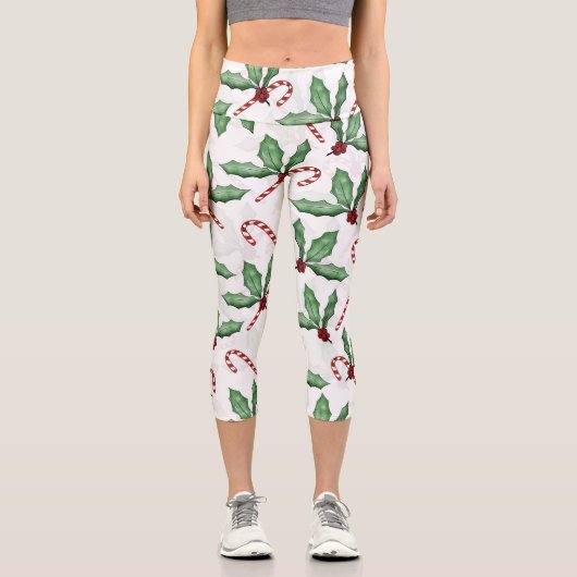 グリーンホリ葉ーレッドベリーズキャンデ絵を描ィーステイン カプリレギンス (正面)