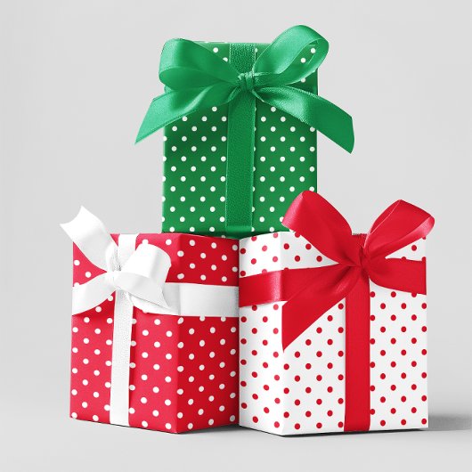 グリーンホリ赤と白デイ水玉模様ミックス ラッピングペーパーシート