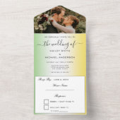 グリーンホワイトと金ゴールドジャマモダンリカの結婚写真 オールインワン招待状 (内側)