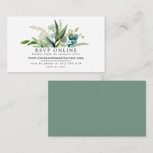 グリーンホワイトと金ゴールド植物結婚式RSVP エンクロージャーカード (正面/裏面)