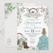 グリーンホワイトカッティウェスタンブーツチャラキンセニェラ 招待状 (正面/裏面)