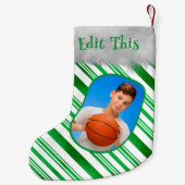 グリーンホワイトキャンディーケーンパターンクリスマスおもしろい写真 スモールクリスマスストッキング (裏面)