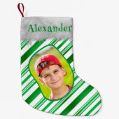 グリーンホワイトキャンディーケーンパターンクリスマスおもしろい写真 スモールクリスマスストッキング (正面)