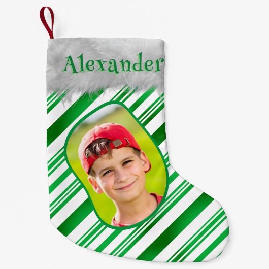グリーンホワイトキャンディーケーンパターンクリスマスおもしろい写真 スモールクリスマスストッキング (正面)