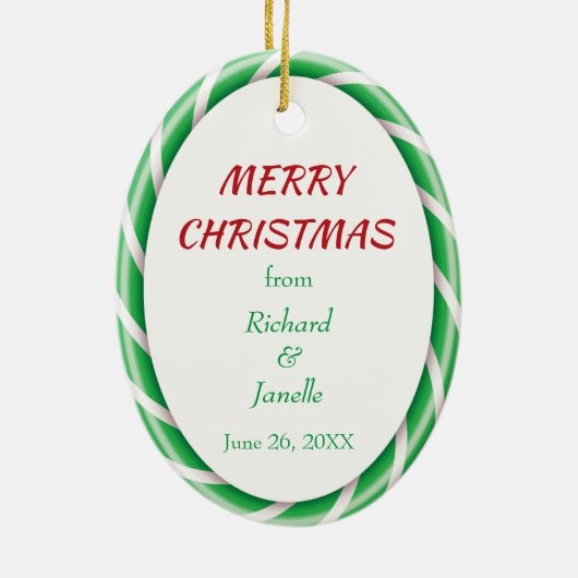 グリーンホワイトキャンディーケーンフレーム写真テンプレート セラミックオーナメント (裏面)