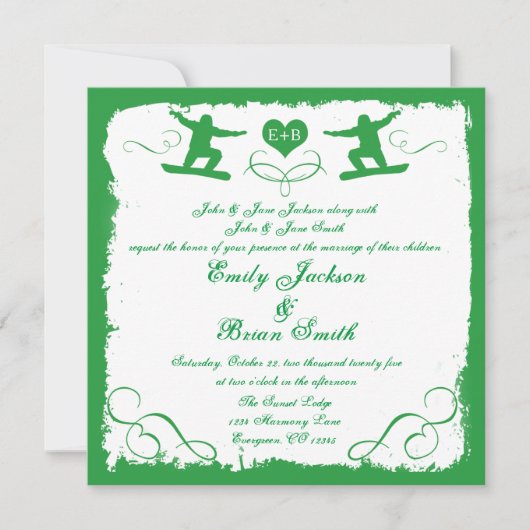 グリーンホワイトグランジスノーボーダー結婚式招待状 招待状 (正面)