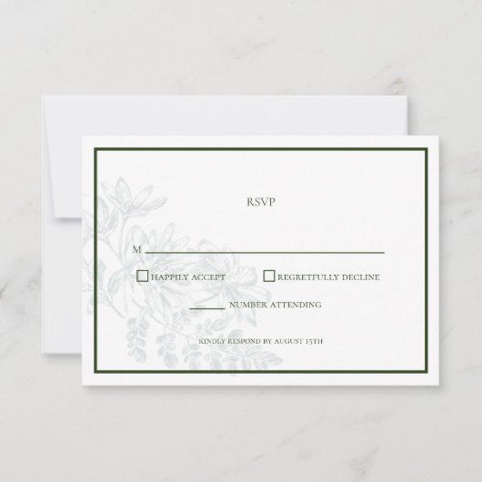 グリーンホワイトシンプルフローラウェディングRSVPカード 出欠カード (正面)