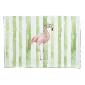 グリーンホワイトストライプビーチピンクフラミンゴ 枕カバー (正面左)