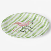 グリーンホワイトストライプ誕生日ピンクフラミンゴ ペーパープレート (アングル)
