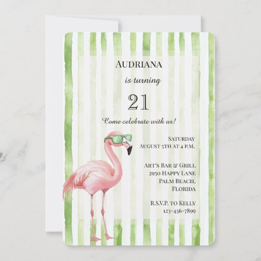 グリーンホワイトストライプ誕生日ピンクフラミンゴ 招待状 (正面)