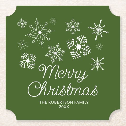 グリーンホワイトスノーフレークスクリスマスパーティー ペーパーコースター (正面)