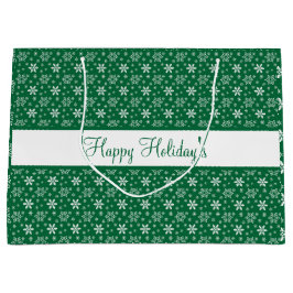 グリーンホワイトスノーフレークスハッピーホリデーズフェスティバル ラージペーパーバッグ