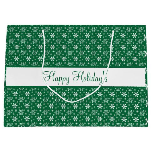 グリーンホワイトスノーフレークスハッピーホリデーズフェスティバル ラージペーパーバッグ (正面)