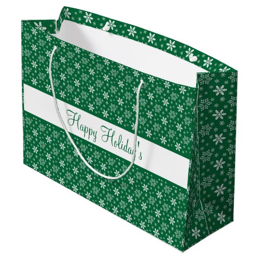 グリーンホワイトスノーフレークスハッピーホリデーズフェスティバル ラージペーパーバッグ (裏面アングル)