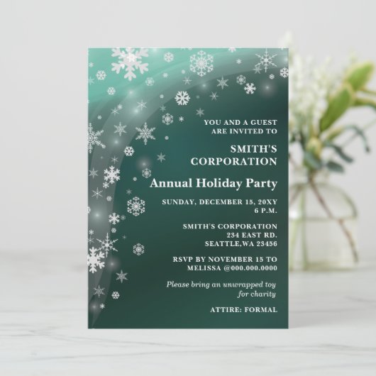 グリーンホワイトスノーフレーク企業のホリデーパーティー 招待状 (スタンド正面)
