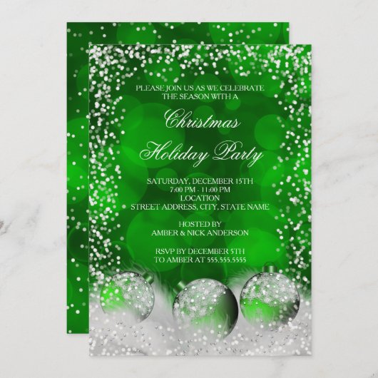 グリーンホワイトスノーボーブルクリスマスホリデーパーティー 招待状 (正面/裏面)