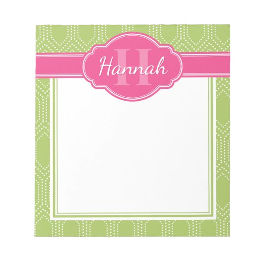 グリーンホワイトダイヤモンドドットパターンピンクモノグラム ノートパッド (正面)