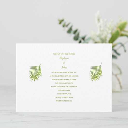 グリーンホワイトトロピカルパームリーフエレガントな結婚式 招待状 (スタンド正面)