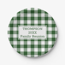 グリーンホワイトバッファローチェックあなたの名前ファミリー懇親会 ペーパープレート
