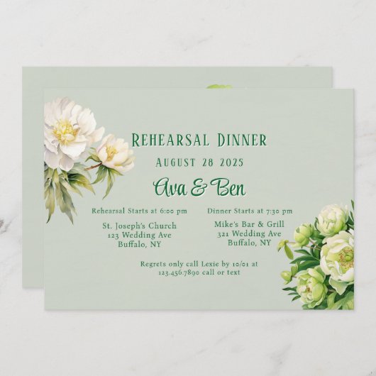 グリーンホワイトピーニーリハーサルディナー招待状 招待状 (正面/裏面)