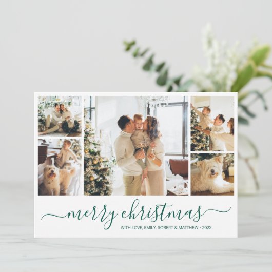 グリーンホワイトフォトコラージクリスマスホリデーカード 招待状 (スタンド正面)