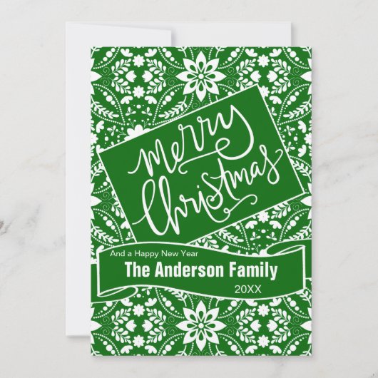 グリーンホワイトフォークフローラホリデーパターン シーズンカード (正面)